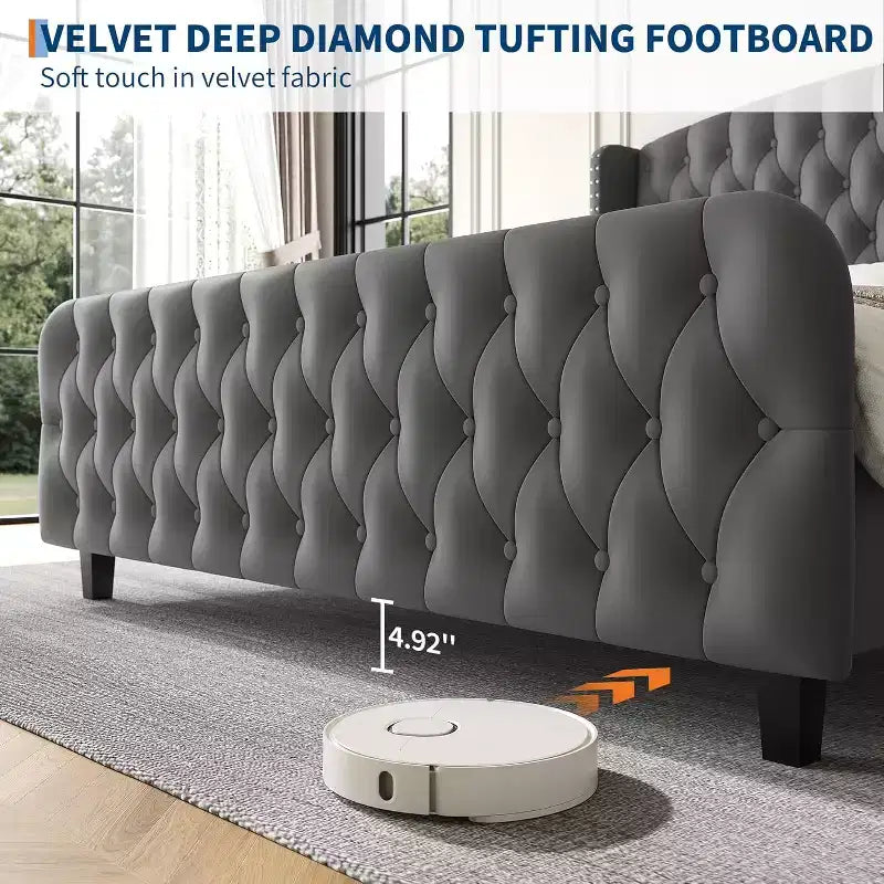 Lit rembourré à dossier haut avec boutons en losange, cadre de lit plateforme moderne et haut, bois massif avec velours éponge doux et confortable, mobilier de chambre à coucher