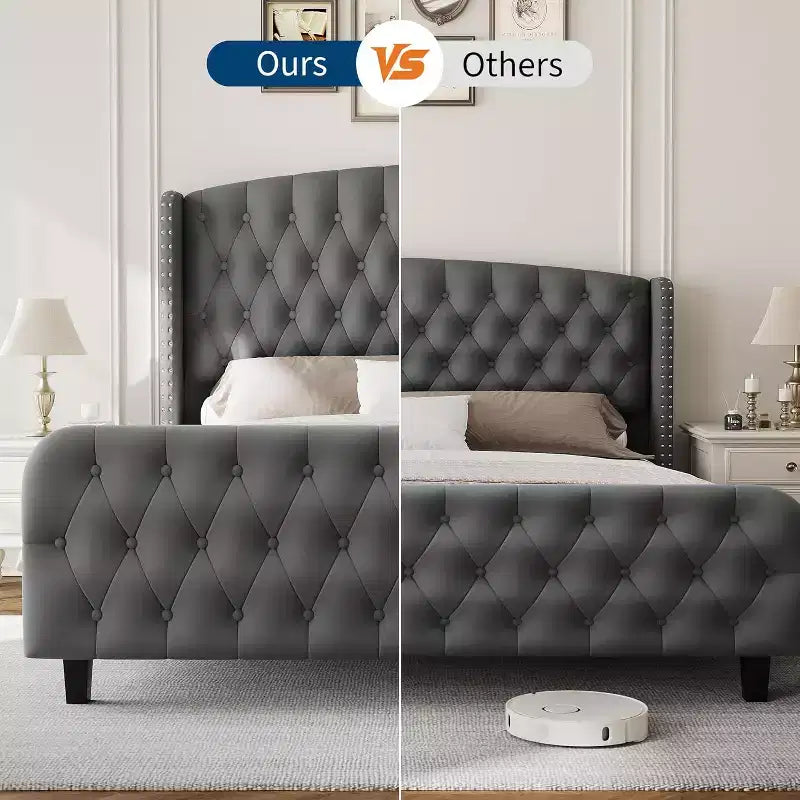 Lit rembourré à dossier haut avec boutons en losange, cadre de lit plateforme moderne et haut, bois massif avec velours éponge doux et confortable, mobilier de chambre à coucher