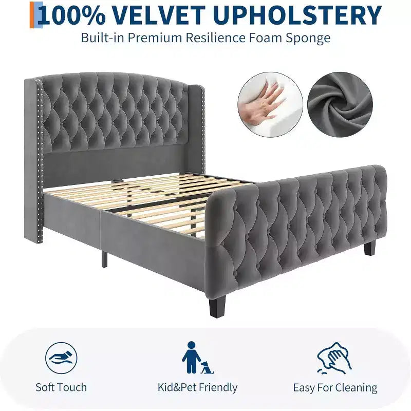Lit rembourré à dossier haut avec boutons en losange, cadre de lit plateforme moderne et haut, bois massif avec velours éponge doux et confortable, mobilier de chambre à coucher