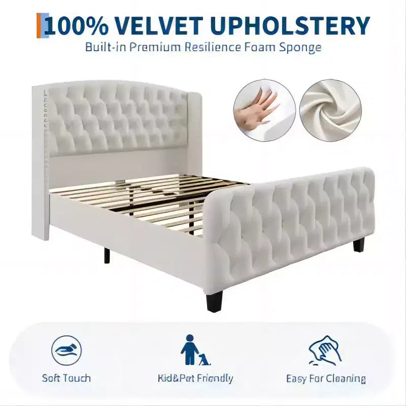 Lit rembourré à dossier haut avec boutons en losange, cadre de lit plateforme moderne et haut, bois massif avec velours éponge doux et confortable, mobilier de chambre à coucher