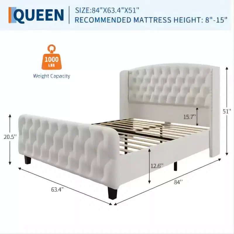 Lit rembourré à dossier haut avec boutons en losange, cadre de lit plateforme moderne et haut, bois massif avec velours éponge doux et confortable, mobilier de chambre à coucher