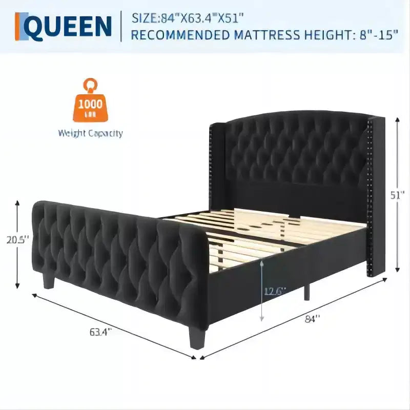 Lit rembourré à dossier haut avec boutons en losange, cadre de lit plateforme moderne et haut, bois massif avec velours éponge doux et confortable, mobilier de chambre à coucher