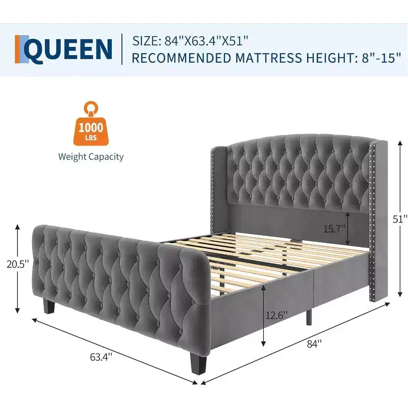 Lit rembourré à dossier haut avec boutons en losange, cadre de lit plateforme moderne et haut, bois massif avec velours éponge doux et confortable, mobilier de chambre à coucher