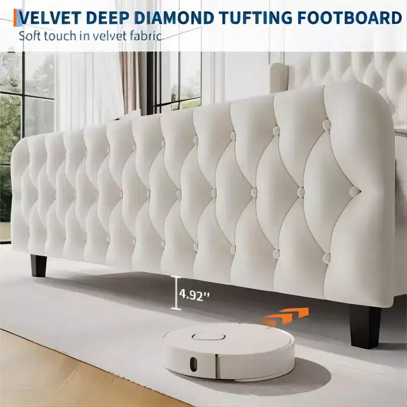 Lit rembourré à dossier haut avec boutons en losange, cadre de lit plateforme moderne et haut, bois massif avec velours éponge doux et confortable, mobilier de chambre à coucher