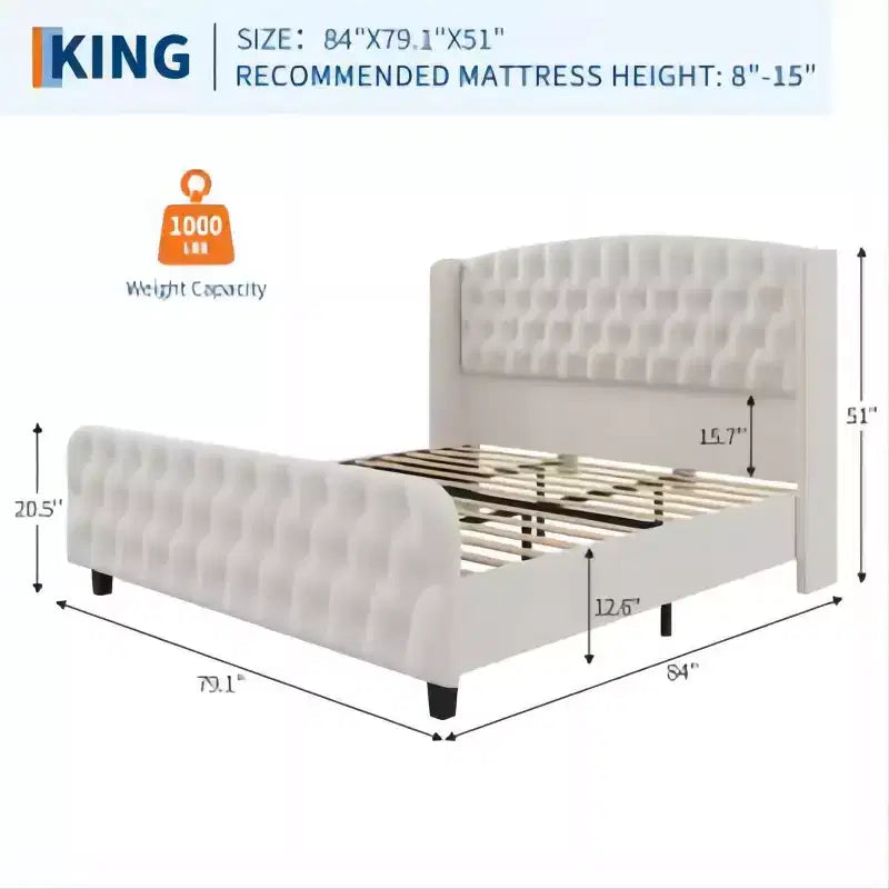 Lit rembourré à dossier haut avec boutons en losange, cadre de lit plateforme moderne et haut, bois massif avec velours éponge doux et confortable, mobilier de chambre à coucher