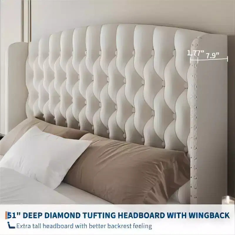 Lit rembourré à dossier haut avec boutons en losange, cadre de lit plateforme moderne et haut, bois massif avec velours éponge doux et confortable, mobilier de chambre à coucher