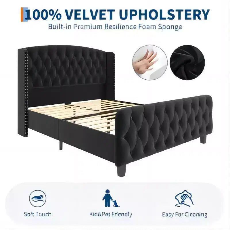 Lit rembourré à dossier haut avec boutons en losange, cadre de lit plateforme moderne et haut, bois massif avec velours éponge doux et confortable, mobilier de chambre à coucher