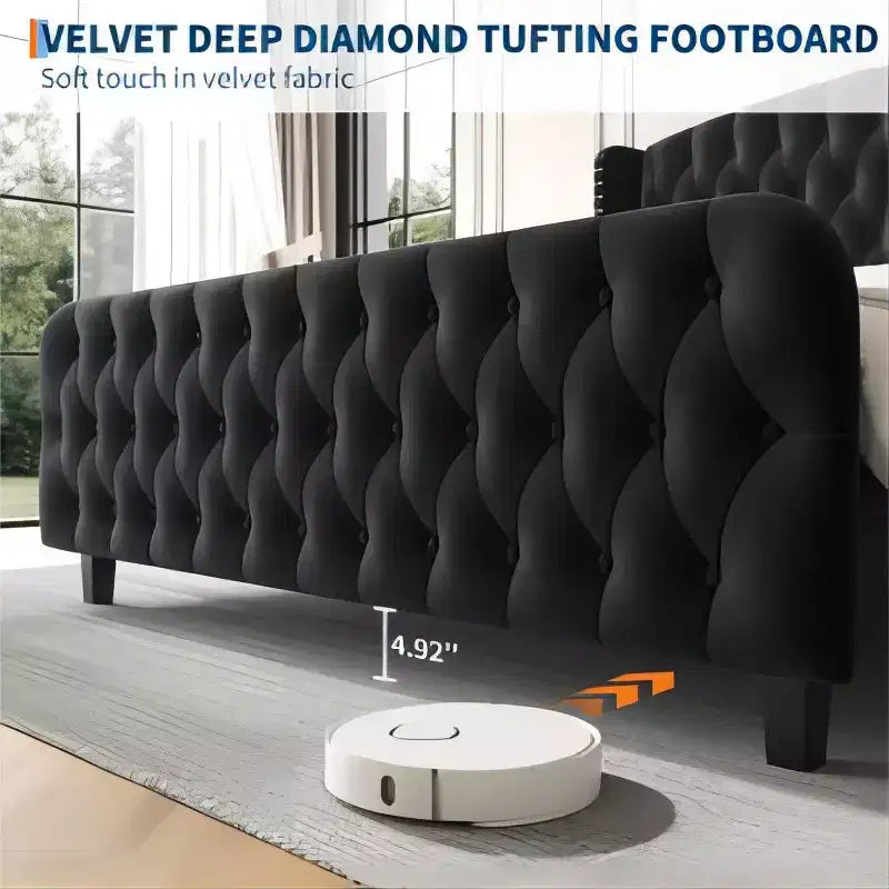 Lit rembourré à dossier haut avec boutons en losange, cadre de lit plateforme moderne et haut, bois massif avec velours éponge doux et confortable, mobilier de chambre à coucher