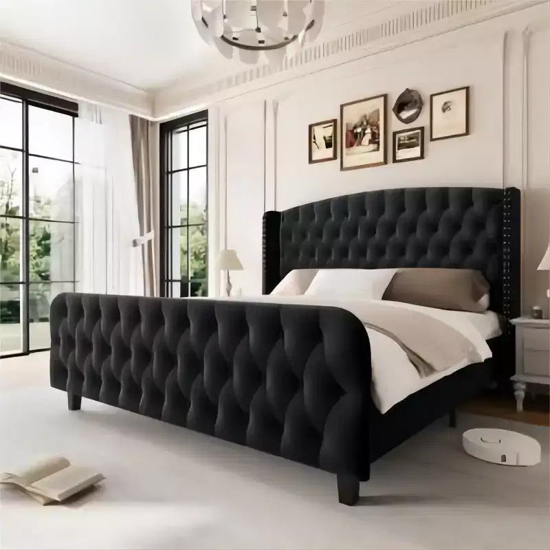 Lit rembourré à dossier haut avec boutons en losange, cadre de lit plateforme moderne et haut, bois massif avec velours éponge doux et confortable, mobilier de chambre à coucher