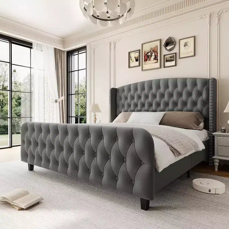 Lit rembourré à dossier haut avec boutons en losange, cadre de lit plateforme moderne et haut, bois massif avec velours éponge doux et confortable, mobilier de chambre à coucher