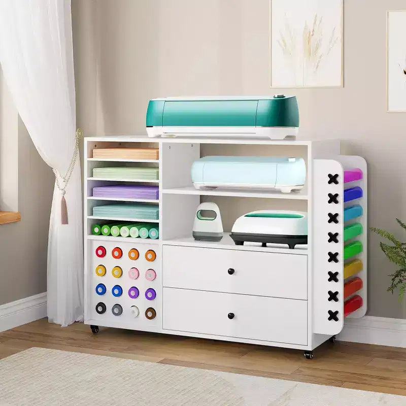 Meuble de rangement mobile pour loisirs créatifs 42" avec plan de travail, 2 grands tiroirs et 24 porte-rouleaux de vinyle, chariot de rangement pour studio et salle de loisirs créatifs