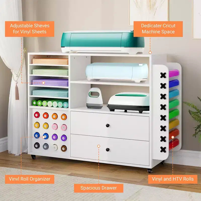 Meuble de rangement mobile pour loisirs créatifs 42" avec plan de travail, 2 grands tiroirs et 24 porte-rouleaux de vinyle, chariot de rangement pour studio et salle de loisirs créatifs