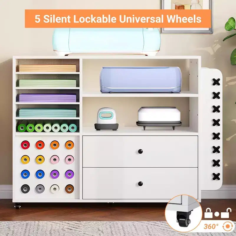 Meuble de rangement mobile pour loisirs créatifs 42" avec plan de travail, 2 grands tiroirs et 24 porte-rouleaux de vinyle, chariot de rangement pour studio et salle de loisirs créatifs