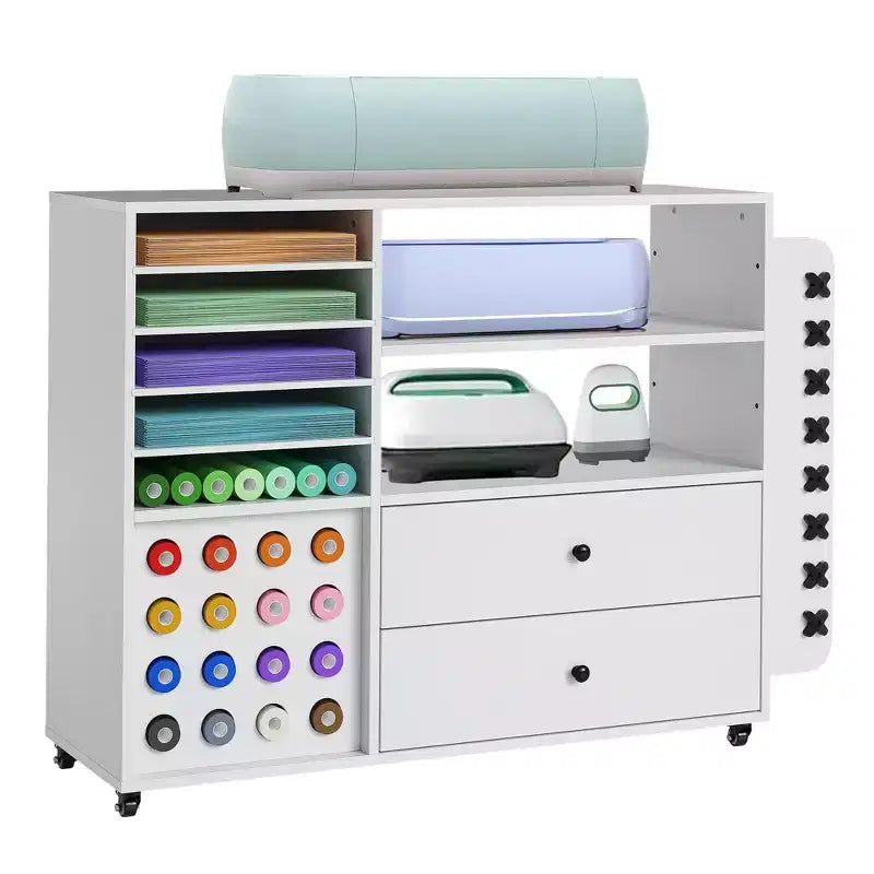 Meuble de rangement mobile pour loisirs créatifs 42" avec plan de travail, 2 grands tiroirs et 24 porte-rouleaux de vinyle, chariot de rangement pour studio et salle de loisirs créatifs