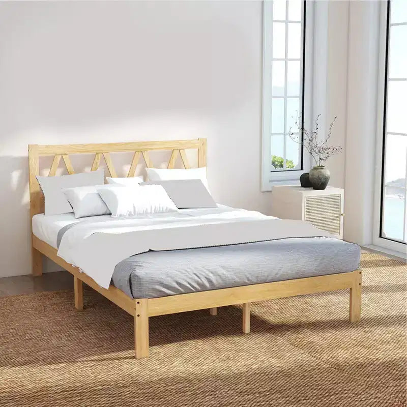 Lit plateforme minimaliste en hévéa massif, taille double, facile à assembler, supporte 317,5 kg
