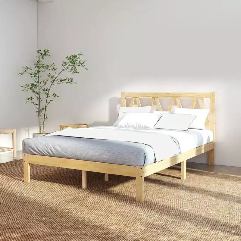 Lit plateforme minimaliste en hévéa massif, taille double, facile à assembler, supporte 317,5 kg