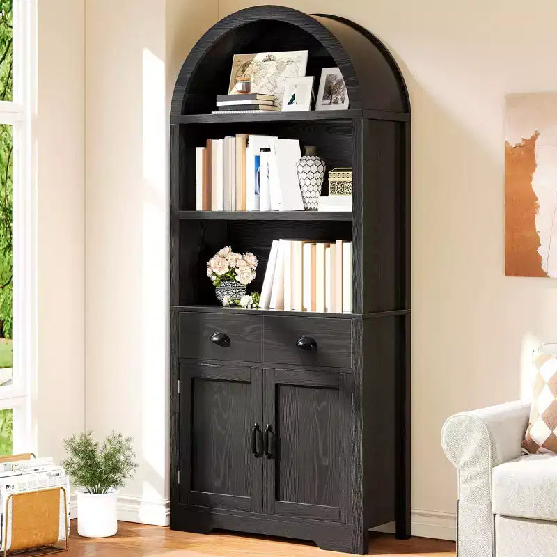 Étagère arquée de 180 cm avec 3 étagères ouvertes, 2 tiroirs et un placard, noir
