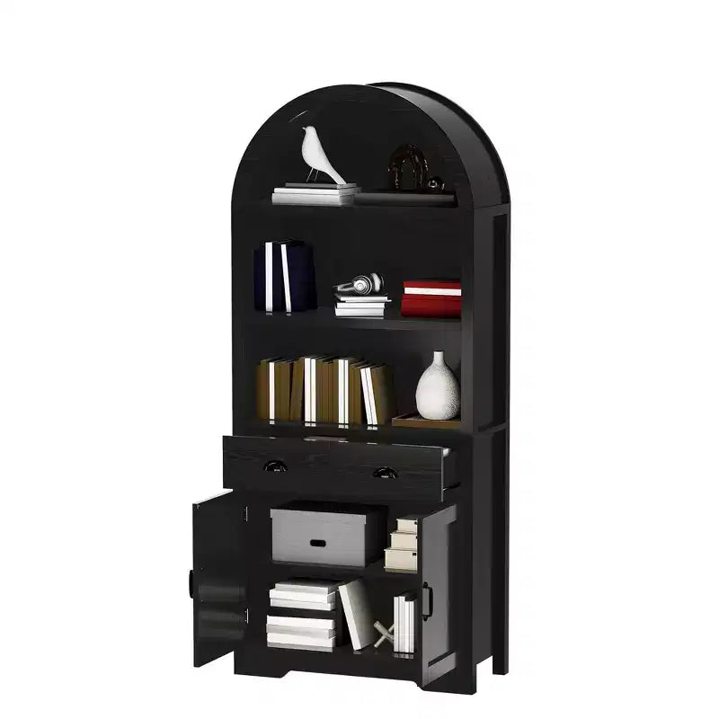 Étagère arquée de 180 cm avec 3 étagères ouvertes, 2 tiroirs et un placard, noir