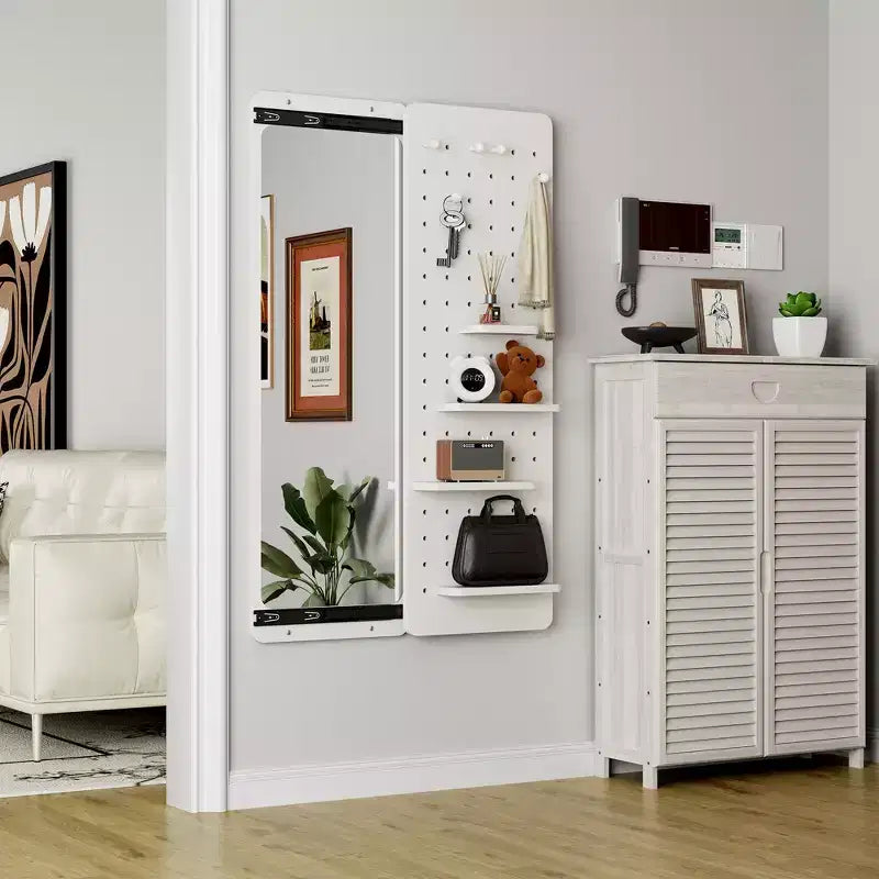 Miroir mural pleine longueur avec étagère, crochet et panneau coulissant