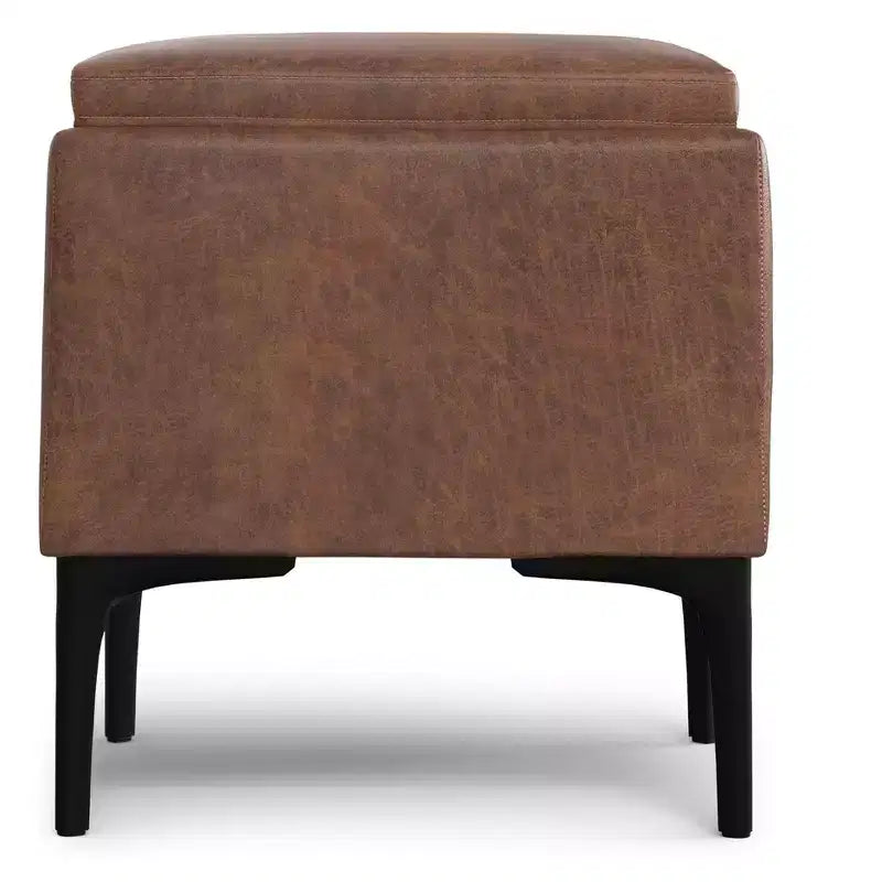 Pouffe de rangement carré 45,7 cm Mid-Century avec plateau réversible, cuir végétalien marron vieilli