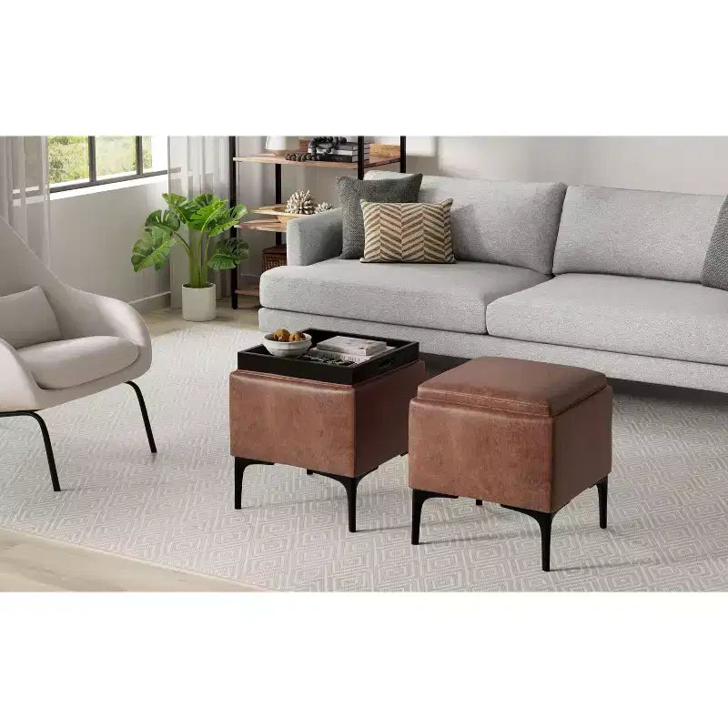 Pouffe de rangement carré 45,7 cm Mid-Century avec plateau réversible, cuir végétalien marron vieilli