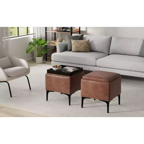 Pouffe de rangement carré 45,7 cm Mid-Century avec plateau réversible, cuir végétalien marron vieilli