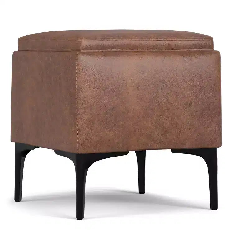 Pouffe de rangement carré 45,7 cm Mid-Century avec plateau réversible, cuir végétalien marron vieilli