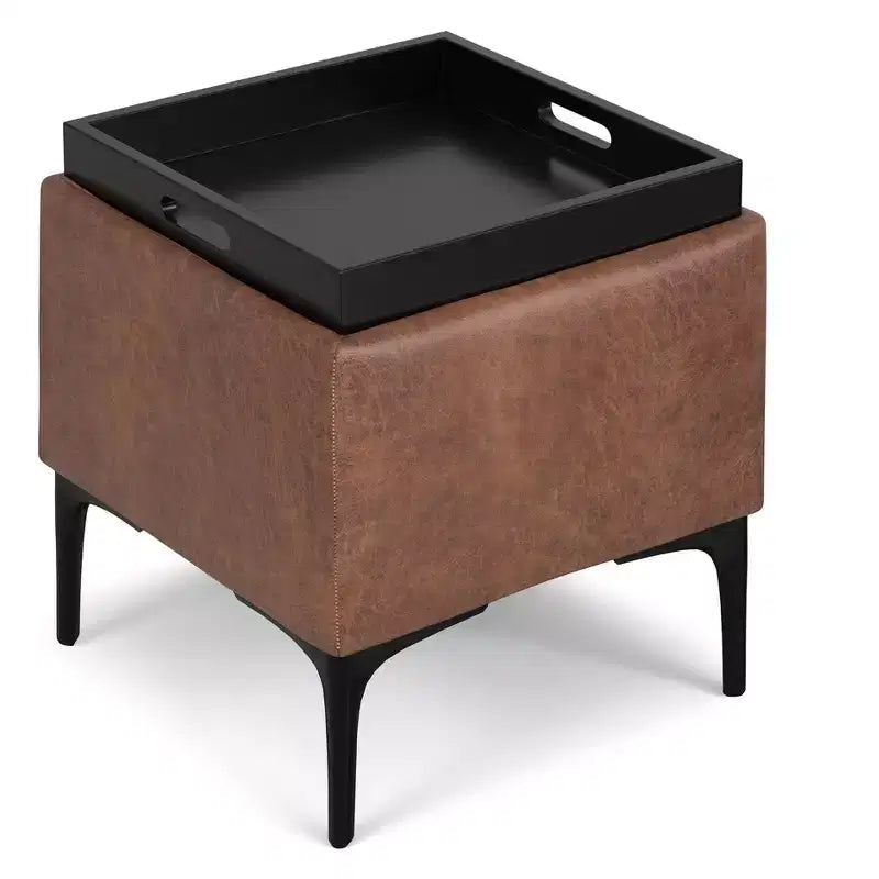 Pouffe de rangement carré 45,7 cm Mid-Century avec plateau réversible, cuir végétalien marron vieilli