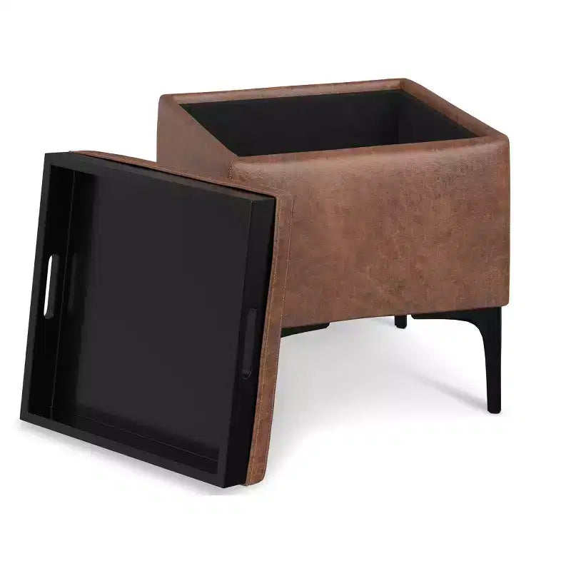 Pouffe de rangement carré 45,7 cm Mid-Century avec plateau réversible, cuir végétalien marron vieilli