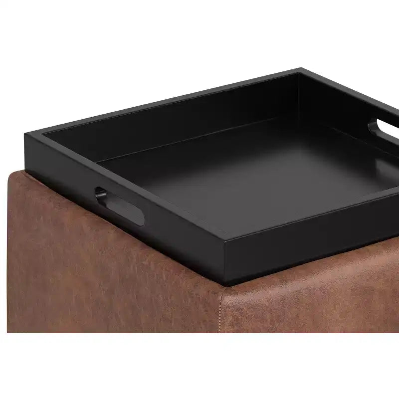 Pouffe de rangement carré 45,7 cm Mid-Century avec plateau réversible, cuir végétalien marron vieilli