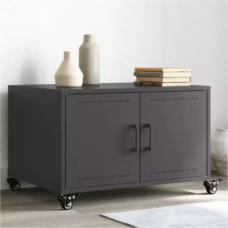 Table basse en acier noir avec roulettes verrouillables et portes de rangement