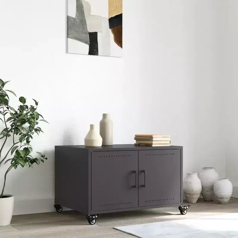 Table basse en acier noir avec roulettes verrouillables et portes de rangement