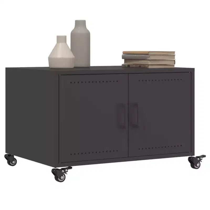 Table basse en acier noir avec roulettes verrouillables et portes de rangement