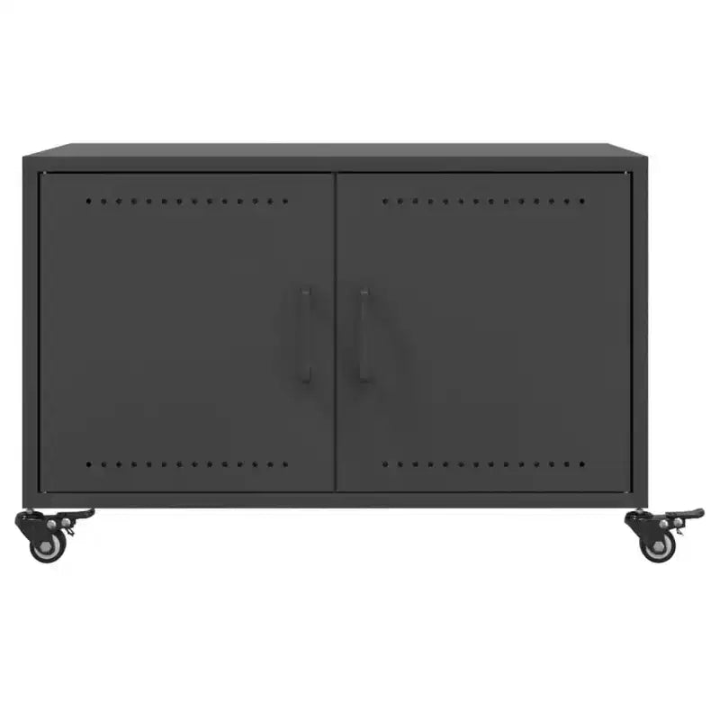 Table basse en acier noir avec roulettes verrouillables et portes de rangement