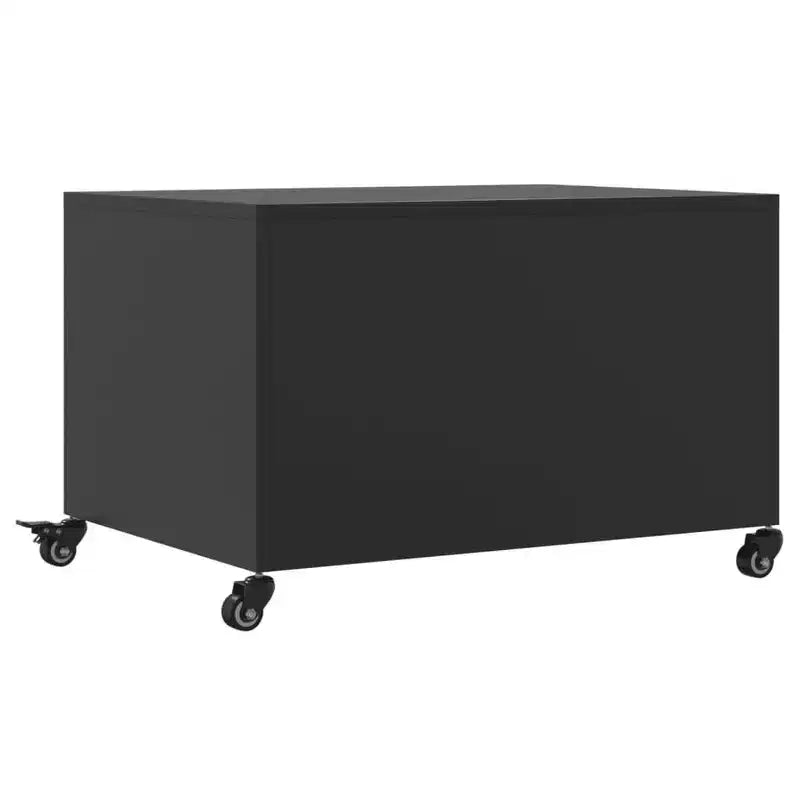 Table basse en acier noir avec roulettes verrouillables et portes de rangement