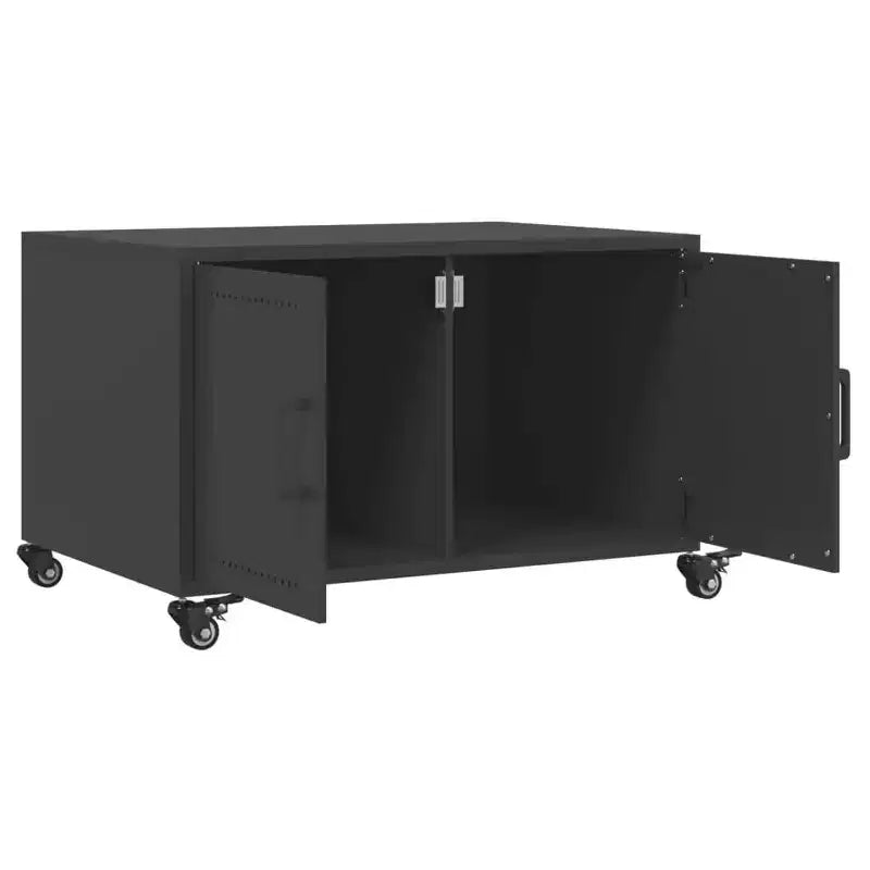 Table basse en acier noir avec roulettes verrouillables et portes de rangement