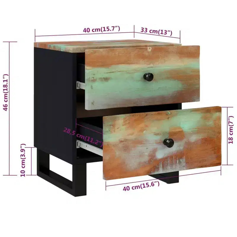 Table de chevet industrielle avec bois de récupération et pieds en fer, multicolore