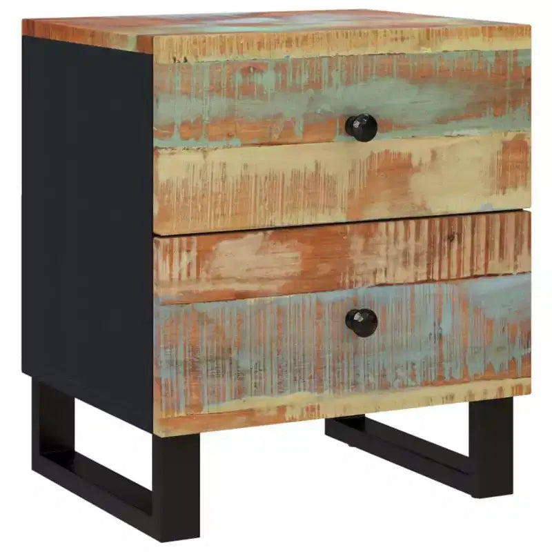 Table de chevet industrielle avec bois de récupération et pieds en fer, multicolore