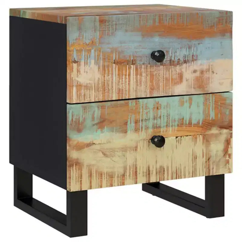 Table de chevet industrielle avec bois de récupération et pieds en fer, multicolore