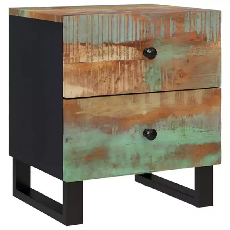 Table de chevet industrielle avec bois de récupération et pieds en fer, multicolore