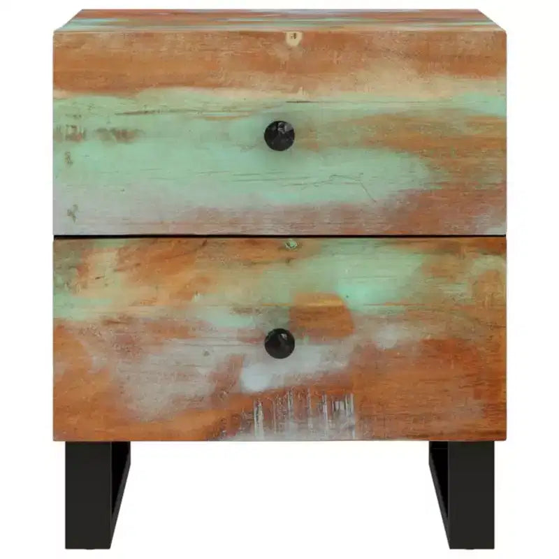 Table de chevet industrielle avec bois de récupération et pieds en fer, multicolore