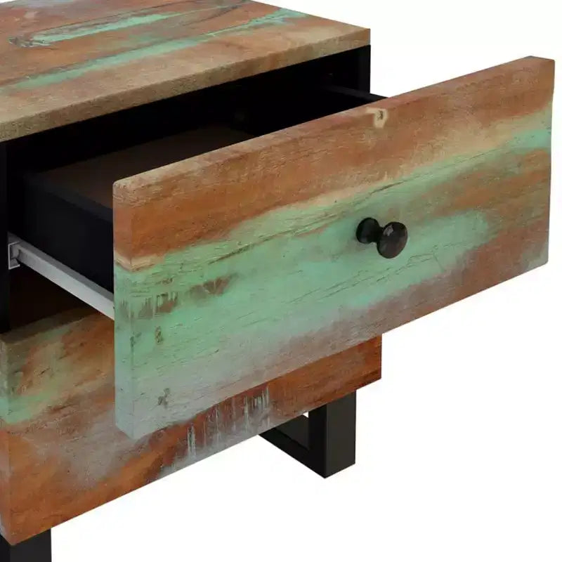 Table de chevet industrielle avec bois de récupération et pieds en fer, multicolore