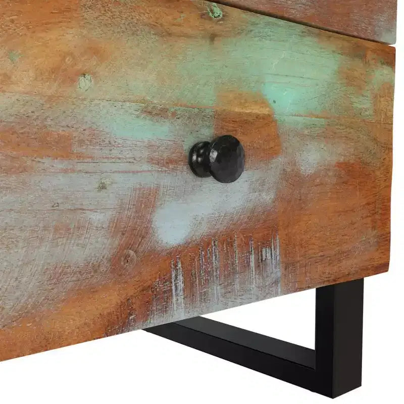 Table de chevet industrielle avec bois de récupération et pieds en fer, multicolore