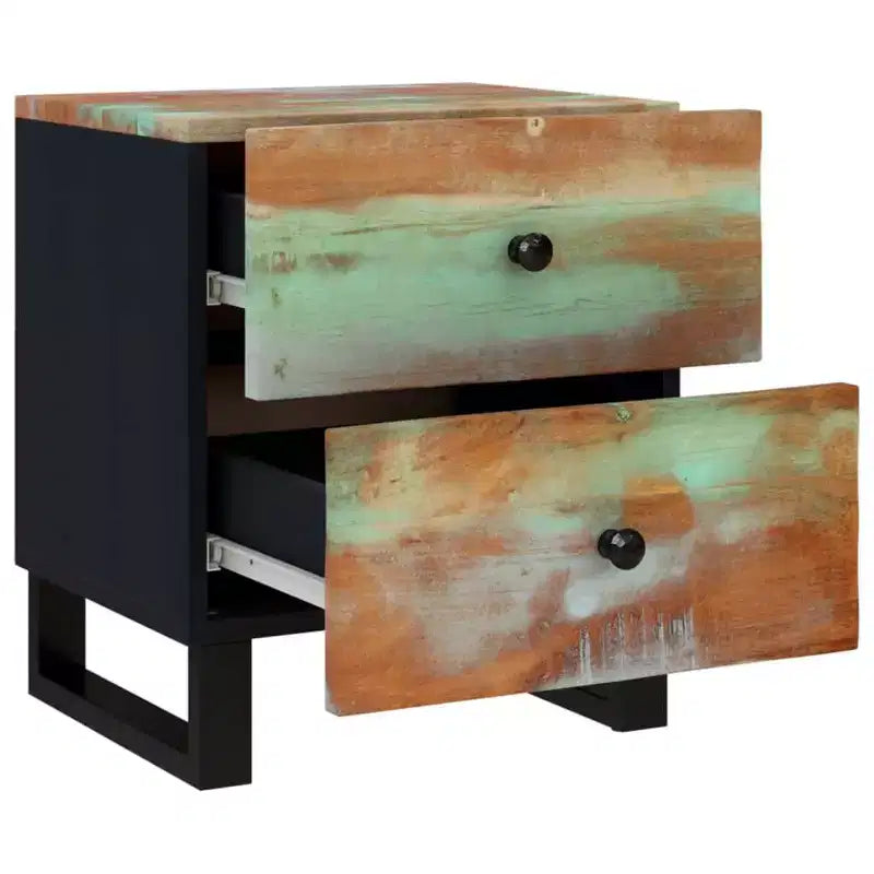 Table de chevet industrielle avec bois de récupération et pieds en fer, multicolore