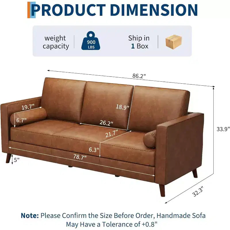 Canapé 3 places en similicuir, style moderne du milieu du siècle, profondeur d'assise, 86 po, pour salon