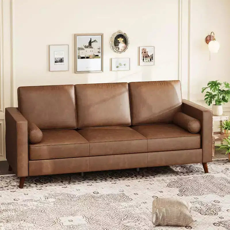 Canapé 3 places en similicuir, style moderne du milieu du siècle, profondeur d'assise, 86 po, pour salon