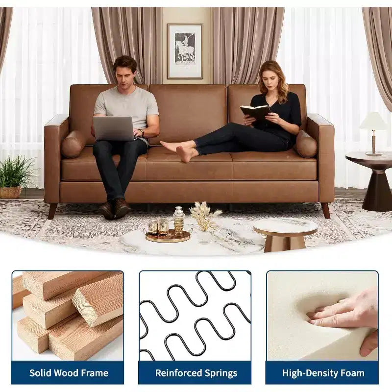 Canapé 3 places en similicuir, style moderne du milieu du siècle, profondeur d'assise, 86 po, pour salon