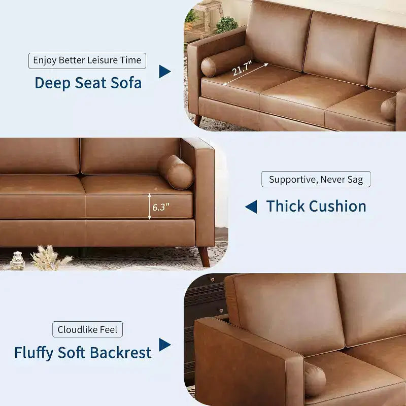 Canapé 3 places en similicuir, style moderne du milieu du siècle, profondeur d'assise, 86 po, pour salon