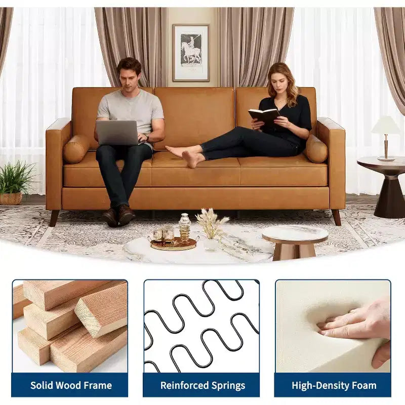 Canapé 3 places en similicuir, style moderne du milieu du siècle, profondeur d'assise, 86 po, pour salon