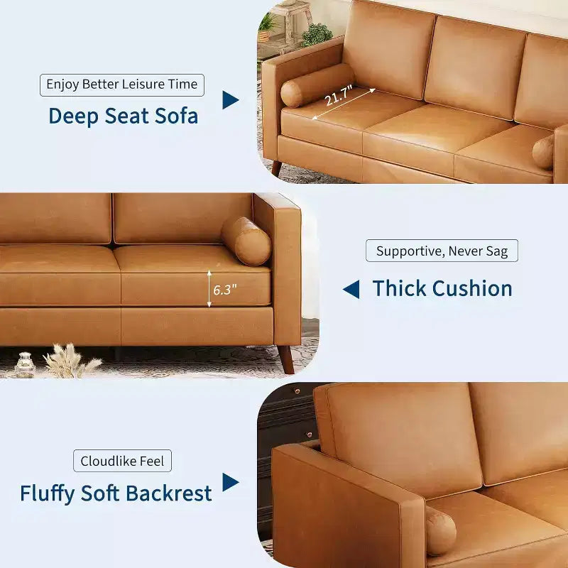 Canapé 3 places en similicuir, style moderne du milieu du siècle, profondeur d'assise, 86 po, pour salon